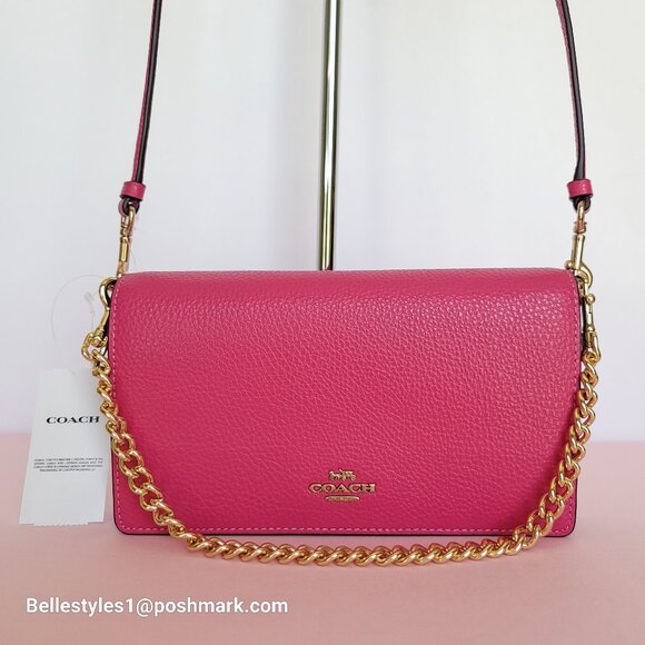 COACH Anna Pebbled Leather Fold-over Clutch Crossbody With Chain- Bold Pink ⭐ - Picture 3 of 16